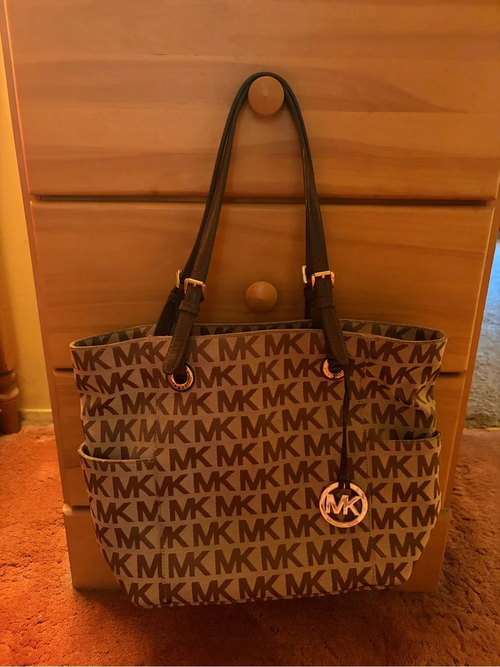 Michael Kors Brown MK Logo Tote with Gold Accents. Some wear and tear on straps
